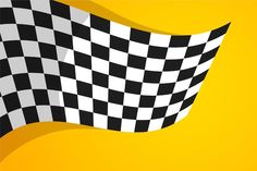 a black and white checkered flag is flying in the wind on a yellow background