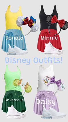 four different disney outfits are shown in the same color and size, including minnie mouse ears