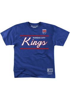 the kansas city kings t - shirt is blue with red and white stripes on it