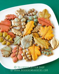 a white plate topped with lots of different types of leaf shaped cookies on top of a green table