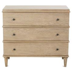 a wooden dresser with three drawers and two pulls on the bottom, against a white background