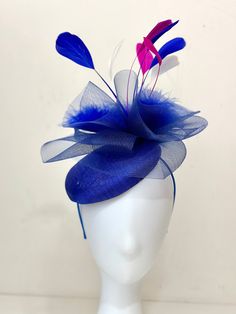 Pink Navy Royal Blue White Kentucky Derby Hat Fascinator Headband, Fuchsia Pink Navy White  Derby Hat, Wedding Hat, Garden Party Church Hat Summer Purple Feathered Fascinator, Purple Feathered Mini Hat For Summer, Adjustable Mini Hat With Feathers For Royal Ascot, Summer Feather Fascinator With Adjustable Fit, Adjustable Purple Hat With Feathers, Purple Feathered Hats For Summer, Blue Feathered Mini Hat For Summer, Spring Royal Blue Adjustable Fascinator, Adjustable Royal Blue Fascinator For Spring