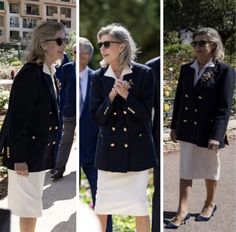 three pictures of two women in business attire and one is wearing sunglasses, the other has her hand on her chest