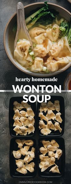 wonton soup with broccoli and noodles in a black bowl on a table