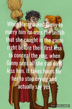 two people standing next to each other in front of a green background with the words harry and