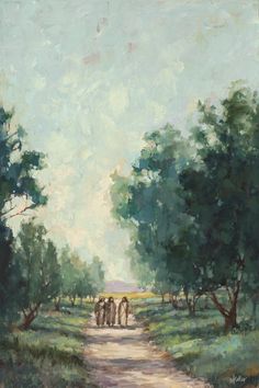 an oil painting of people walking down a dirt road in the middle of a field