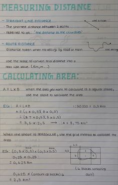 a piece of paper with writing on it that says, measuring distance and calculations area