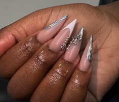 Long Pointed Nails, Pointed Nails, French Tip Acrylic Nails, Long Acrylic Nails Coffin, New Year's Nails, Silver Nails, Acrylic Nails Coffin, Nail Shop