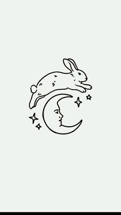 a black and white drawing of a rabbit sitting on the moon with stars around it