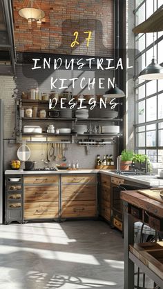 An industrial-style kitchen embraces raw materials, exposed structures, and a monochromatic color palette, resulting in a modern, edgy look. Elements like concrete countertops, brick walls, and stainless steel appliances are common, giving the kitchen a robust yet sophisticated feel. Small Industrial Kitchen, Rustic Industrial Kitchen Design, Black Industrial Kitchen, Industrial Kitchen Ideas, Industrial Kitchen Sink, Industrial Kitchen Shelves, Industrial Farmhouse Kitchen, Industrial Chic Kitchen, Industrial Decor Kitchen