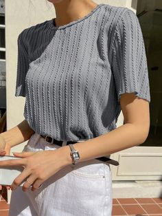 Light Grey Casual Collar Short Sleeve Fabric Plain  Embellished Medium Stretch Spring/Summer/Fall Women Clothing Business Casual Top, Blouse Outfit, Business Casual Outfits, Casual Tops, Trendy Outfits, Stylish Outfits, Womens Tees, Outfit Inspirations