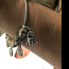 a close up of a person's arm wearing a bracelet with charms on it