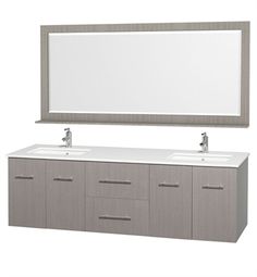 a bathroom vanity with two sinks and a large mirror over it's top area