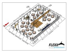 the floor plan for an event venue with tables and chairs on each side of it