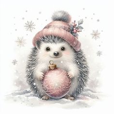 a hedge holding a christmas ornament in its paws and wearing a pink hat