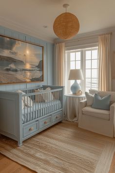 a baby's room with a crib, rocking chair and painting on the wall