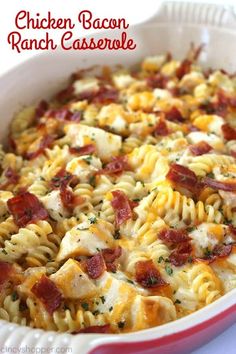 chicken bacon ranch casserole in a red and white dish with text overlay