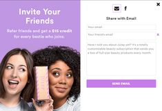 two women holding up a box with the words refer friends and get $ 5 credit for every beauty who joins