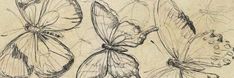 three butterflies sitting on top of each other in front of a white sheet with black ink