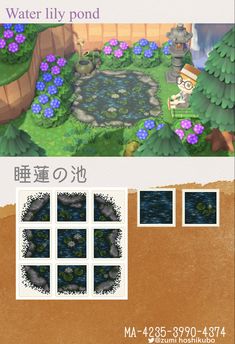 an animal crossing game with water lily pond in the foreground and blue flowers on the background