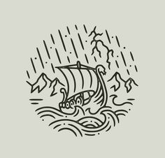 a black and white drawing of a boat in the water with rain coming down on it