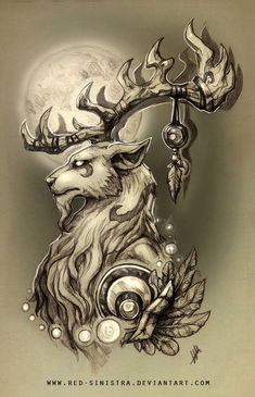 a drawing of a deer with horns and feathers on it's head