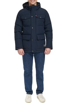 This channel-quilted puffer jacket features a classic four-pocket design and drawcord hood. 30" length (size Medium) Front zip closure Drawcord-toggle hood Chest and front snap-flap patch pockets Lined 100% polyester Machine wash Imported Quilted Puffer Jacket, Pocket Design, Puffer Jacket, Patch Pocket, Nordstrom Rack, Parka, Levi's, Puffer, Nordstrom