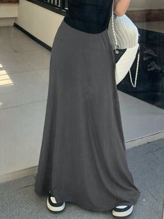 Women Gray Extra Long Relaxed A-Line Skirt Grey Casual   Knitted Fabric Plain A Line Medium Stretch  Women Clothing, size features are:Bust: ,Length: ,Sleeve Length: Long Grey Skirt Outfit, Gray Skirt Outfit, Long Grey Skirt, Work Fits, Office Skirt, Elegant Dresses Long, Gray Skirt, Knit Outfit, Elegant Dress