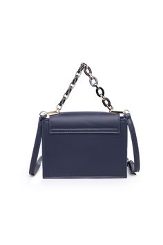 - Crossbody Bag - Smooth Vegan Leather - Navy Blue - Closure: Magnetic Snap - Square Shape - Acrylic Navy Blue Tortoise Handle, Drop: 4" - Detachable Additional Shoulder Strap, 22.25"-24.75" - Gold Hardware - Envelope Shape Front - Inside: Fabric Lines, 2 Card Slots - Dimensions: 7.5" L x 2" W x 6.25" H Blue Rectangular Belt Bag With Removable Pouch, Navy Shoulder Bag With Detachable Strap For Evening, Navy Rectangular Bag With Removable Pouch, Blue Rectangular Bag With Metal Hardware, Navy Satchel Bag With Removable Pouch, Blue Satchel Shoulder Bag With Metal Hardware, Blue Shoulder Bag With Metal Hardware, Navy Satchel With Detachable Strap, Blue Crossbody Bag With Metal Hardware