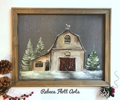 a painting of a barn in the snow with pine cones on the shelf next to it