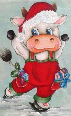 a painting of a cow wearing a santa hat and red overalls with skis