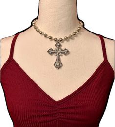 Y2k Party Jewelry, Gothic Cross, Gothic Crosses, Necklace Chunky, Cross Pendant Necklace, Large Crystals, Silver Cross, Ball Chain, Cross Pendant