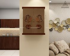 a living room and kitchen area with decorative wall paper on the walls in brown tones