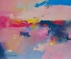 an abstract painting with pink, blue and yellow colors