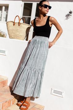 Shirred Skirt - Moss Stripe - Emerson Fry Striped Maxi Skirt Outfit, Midi Skirts Style, Shirred Skirt, Maxi Skirt Outfits, Striped Maxi Skirts, Europe Outfits, Diy Skirt, Tiered Maxi Skirt, Sustainable Fabric