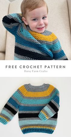 a child wearing a crochet sweater with the words free crochet pattern on it