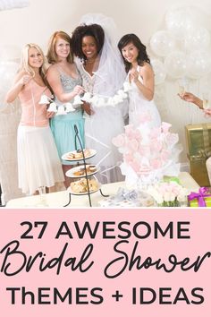 the bride and her bridal shower party with balloons, cake and flowers on it