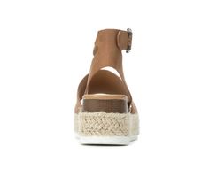 Synthetic upper,Adjustable buckle closure strap at ankle,2 1/4 inch wedge heel height,1 1/2 inch platform height,Open toe,Smooth footbed,Espadrille wrapped midsole,Durable outsole,Smooth strap lining | Women's Soda Topic Flatform Sandals in Tan Size 6.5 Medium Summer T-strap Platform Sandals, Summer Vacation Platform T-strap Sandals, Soda Platform Sandals, Platform T-strap Sandals With Ankle Strap For Beach, Synthetic Open Toe T-strap Platform Sandals, Flatform Sandals, Espadrille Sandals, Shoe Carnival, Womens Sandals Flat