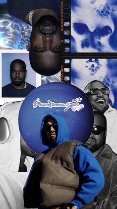 a collage of black and white photos with blue images in the background, including a man wearing a hoodie