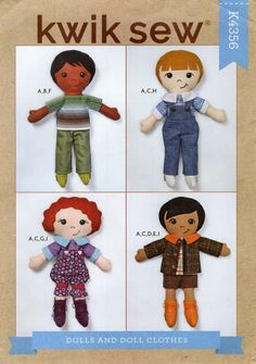 four dolls with different clothes are shown in this book, the doll is named kwksew