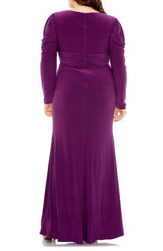 A timeless trumpet silhouette defines this long-sleeve gown with a flirty keyhole cutout and gathered details for extra texture. 61" length Bateau neck Long sleeves Lined 100% polyester Spot clean Imported Asian Owned/Founded Ruched Long Sleeve Gown For Gala, Long Sleeve Ruched Gown With Fitted Bodice, Elegant Long Sleeve Gown With Ruched Bodice, Long Sleeve Gown With Ruched Bodice For Evening, Evening Gown With Ruched Bodice And Long Sleeves, Long Sleeve Evening Gown With Ruched Bodice, Formal Gown With Ruched Bodice And Long Sleeves, Formal Long Sleeve Gown With Ruched Bodice, Long Sleeve Ruched Wedding Gown