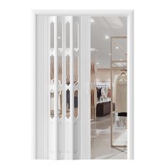 an open closet door with clothes on display