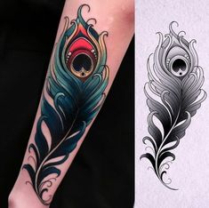 two different colored tattoos on one arm and the other with an eyeball in it