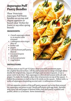 the recipe for asparagus puff pastry bundles on a white plate with red lettering