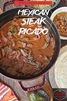 mexican steak picadio in a skillet with tortillas and salsa on the side