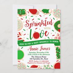 the sprinkled love christmas baby shower is shown in red, green and white