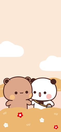 two brown and white teddy bears sitting next to each other on top of a hill