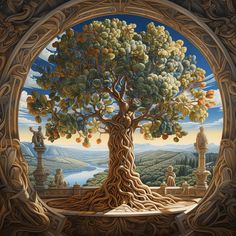 a painting of a tree with fruit growing on it's branches in front of a window