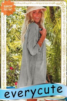 Gray Lightweight Shirt Style Beach Cover Up Casual V-neck Shirt For Beach Season, Summer V-neck Shirt For Vacation, Beachy V-neck Top For Day Out, V-neck Shirt For Summer Vacation, Breezy V-neck Tops For Beach, Casual V-neck Shirt For Beach, Long Sleeve Solid Blouse For Summer, Long Sleeve Solid Summer Blouse, Casual V-neck Blouse For Beach Season