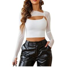 Material: Crafted From Sheer Mesh Fabric, This Long Sleeve Crop Top Exudes Allure And Sexiness. On The Other Hand, The Cami Top Is Designed With A Thick And Durable Fabric To Ensure It Is Not Easily See-Through Or Revealing. Both Tops Are Stretchy, Soft, Lightweight, And Breathable, Providing Ultimate Comfort. Two Piece Crop Top Outfitsfashionable And Trendy, This 2-Piece Clubwear Set Features A Solid Crop Top And A Cami Top. The Mesh Sheer Design Adds A Touch Of Allure, While The Long Sleeves W White Hollow Out Fitted Tops, Fitted White Mesh Crop Top, Fitted Hollow Out Mesh Top For Spring, White Camisole Crop Top For Night Out, Spring Hollow Out Tank Top, Trendy White Mesh Top, Red Corset Top, Solid Crop Top, Mesh Crop Top